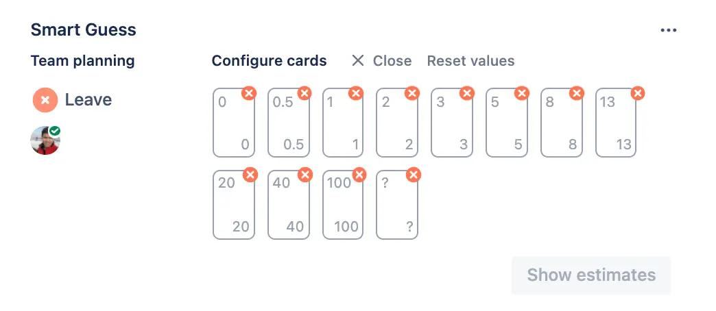 Screenshot from Smart Guess where user is configuring the estimate card deck